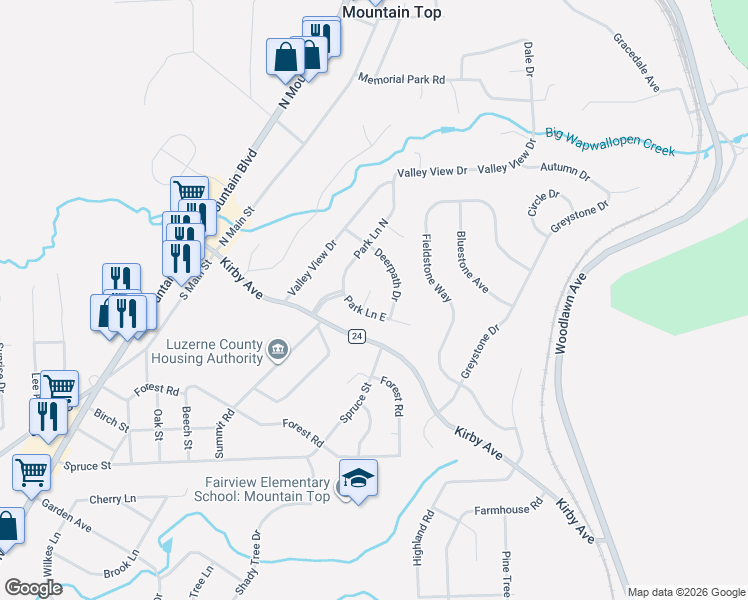 map of restaurants, bars, coffee shops, grocery stores, and more near 13 Park Lane East in Mountain Top