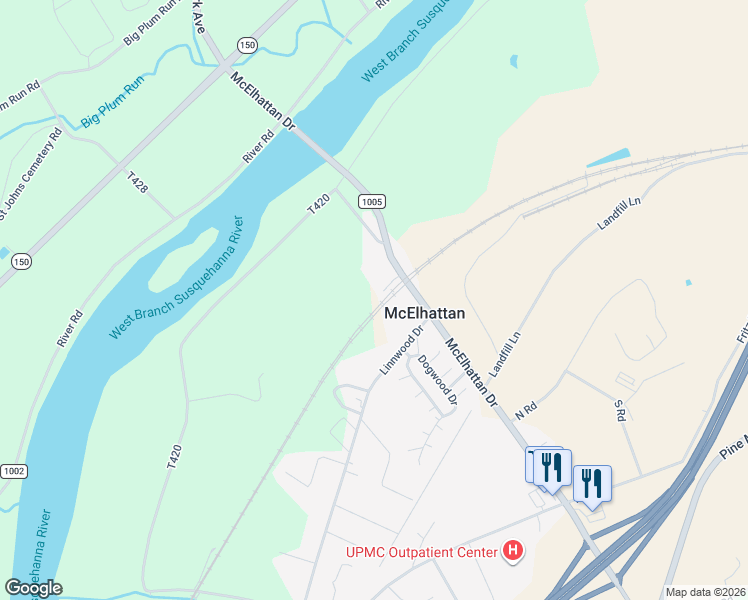map of restaurants, bars, coffee shops, grocery stores, and more near 26 Railroad Lane in Lock Haven