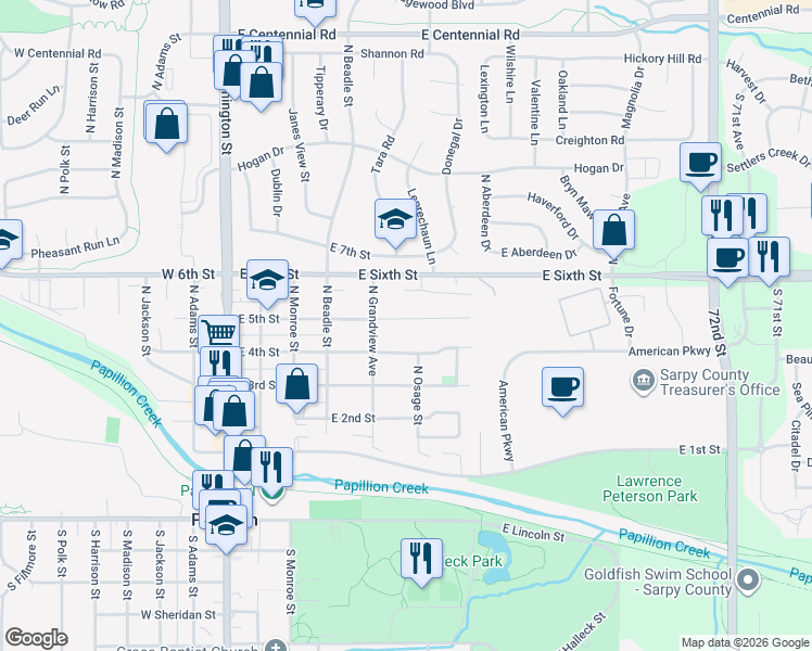 map of restaurants, bars, coffee shops, grocery stores, and more near 509 East 5th Street in Papillion
