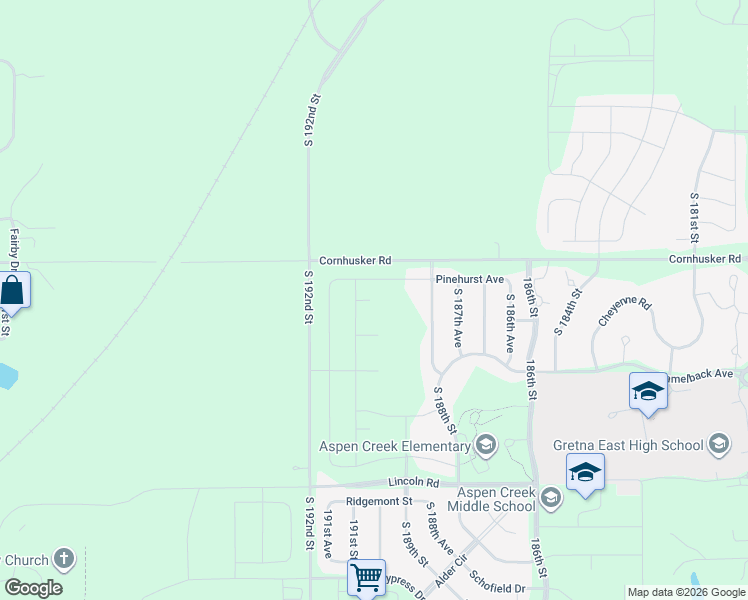 map of restaurants, bars, coffee shops, grocery stores, and more near 18991-19199 Cornhusker Road in Omaha
