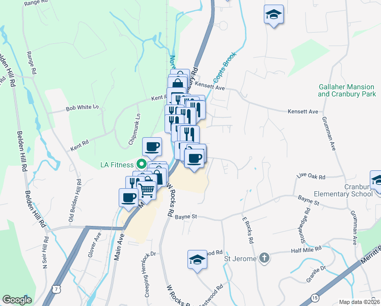 map of restaurants, bars, coffee shops, grocery stores, and more near 710 Main Avenue in Norwalk