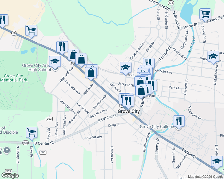 map of restaurants, bars, coffee shops, grocery stores, and more near 335 West Main Street in Grove City