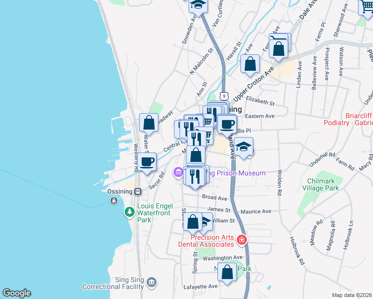 map of restaurants, bars, coffee shops, grocery stores, and more near 100 Main Street in Ossining