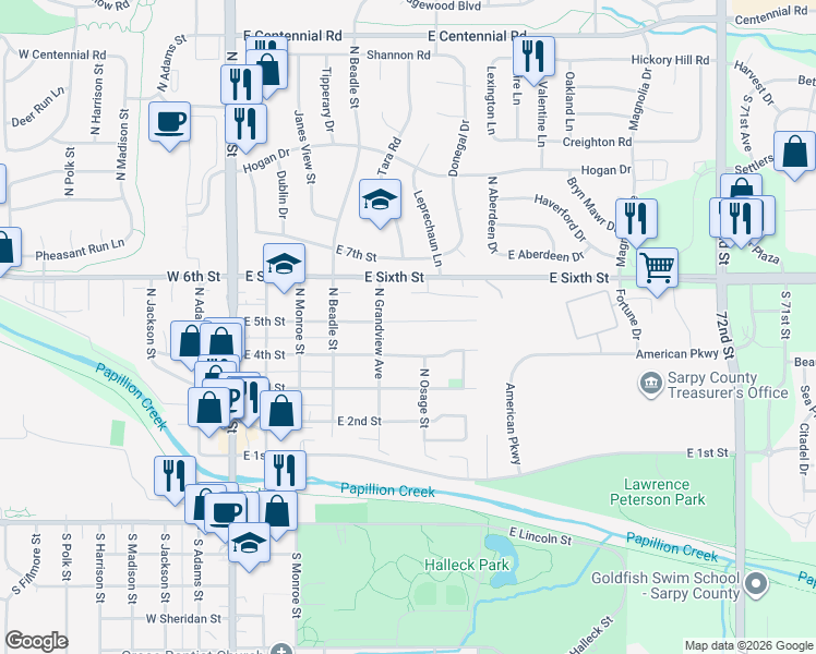 map of restaurants, bars, coffee shops, grocery stores, and more near 509 East 5th Street in Papillion