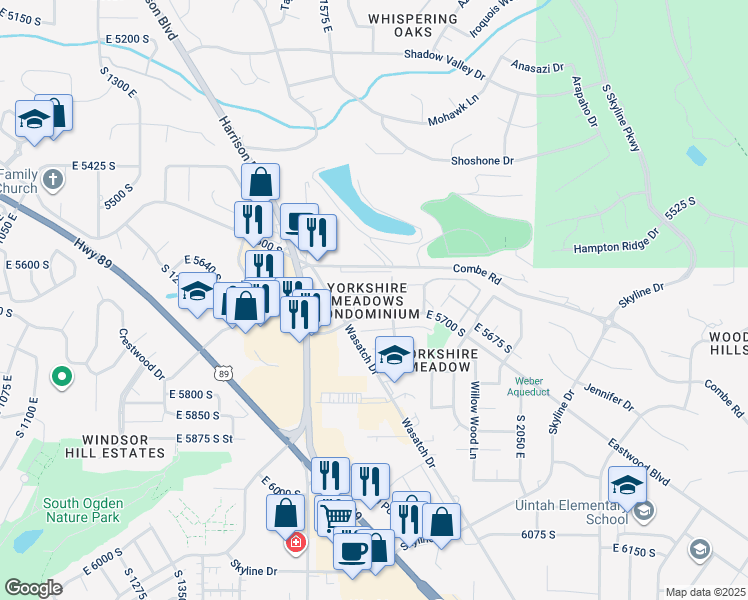 map of restaurants, bars, coffee shops, grocery stores, and more near 5663 Willow Wood Court in Ogden