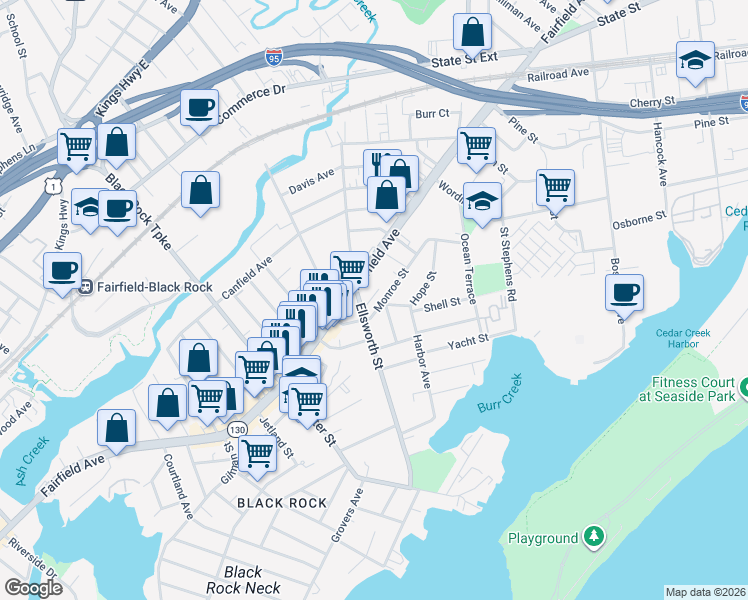 map of restaurants, bars, coffee shops, grocery stores, and more near 45 Monroe Street in Bridgeport