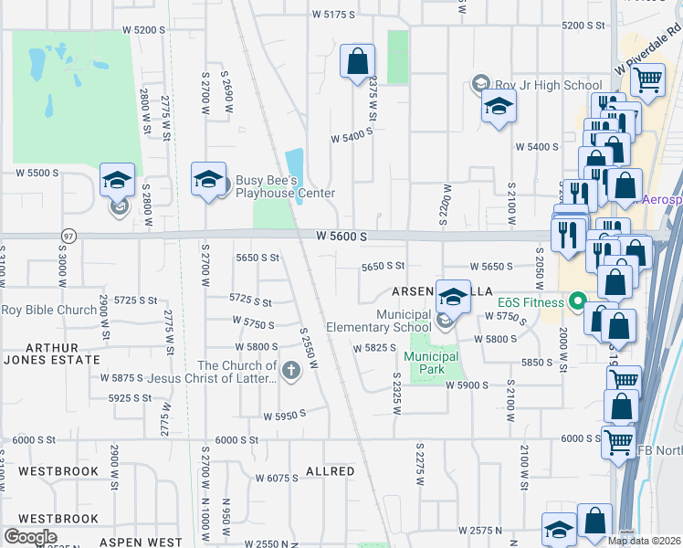 map of restaurants, bars, coffee shops, grocery stores, and more near 5662 South 2450 West in Roy
