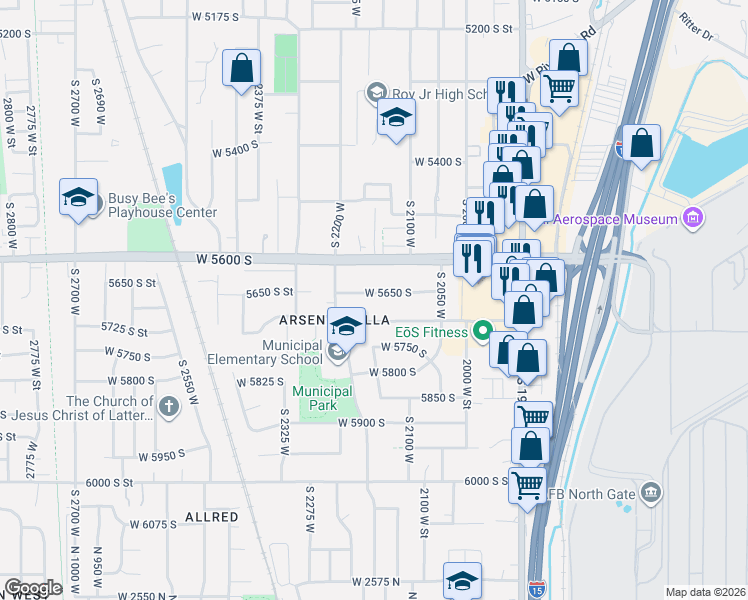 map of restaurants, bars, coffee shops, grocery stores, and more near 2134 West 5700 South in Roy