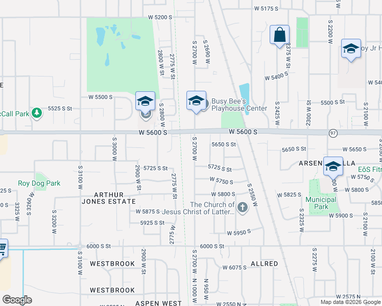 map of restaurants, bars, coffee shops, grocery stores, and more near 5671 South 2700 West in Roy