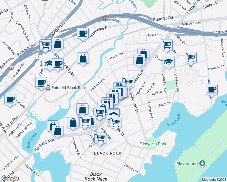 map of restaurants, bars, coffee shops, grocery stores, and more near 66 King Street in Bridgeport