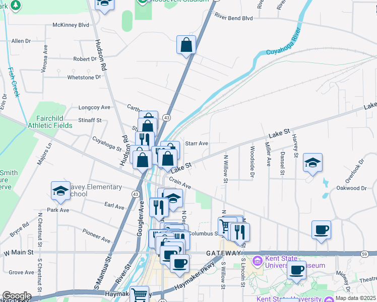 map of restaurants, bars, coffee shops, grocery stores, and more near 227 Lake Street in Kent