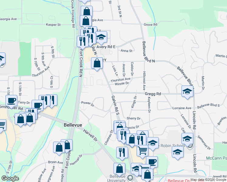map of restaurants, bars, coffee shops, grocery stores, and more near 101 Galvin Road South in Bellevue