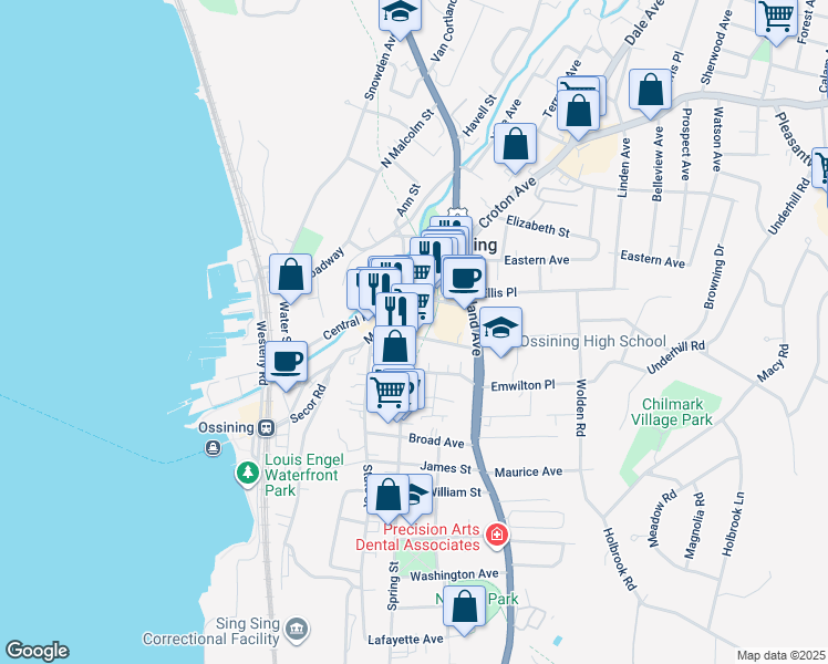 map of restaurants, bars, coffee shops, grocery stores, and more near 8 Maple Place in Ossining