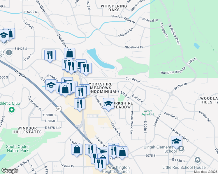 map of restaurants, bars, coffee shops, grocery stores, and more near 5600 Meadow Lane in Ogden