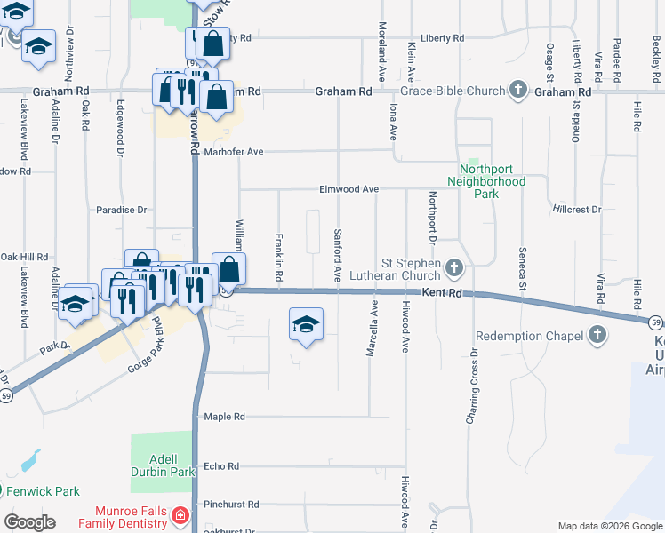 map of restaurants, bars, coffee shops, grocery stores, and more near 3550 Sanford Avenue in Stow