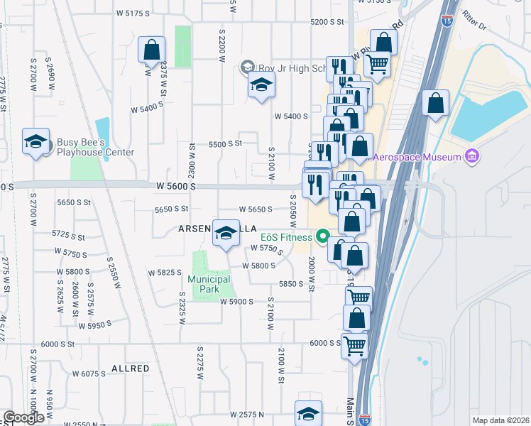 map of restaurants, bars, coffee shops, grocery stores, and more near 2113 West 5650 South in Roy