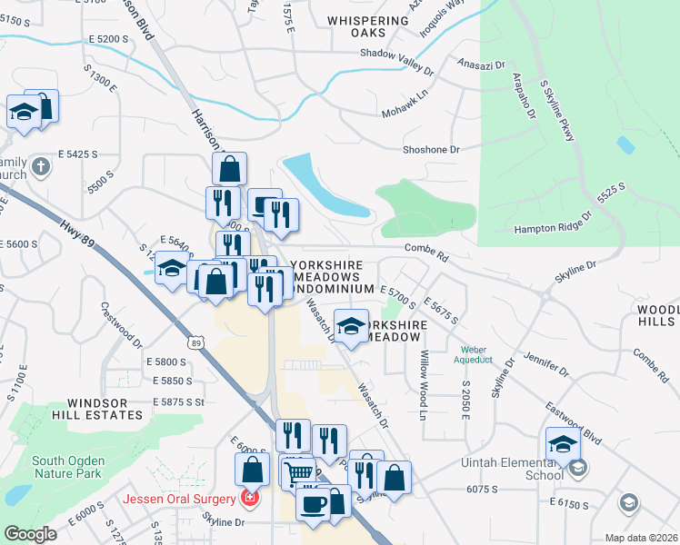 map of restaurants, bars, coffee shops, grocery stores, and more near 5676 Meadow Lane in South Ogden