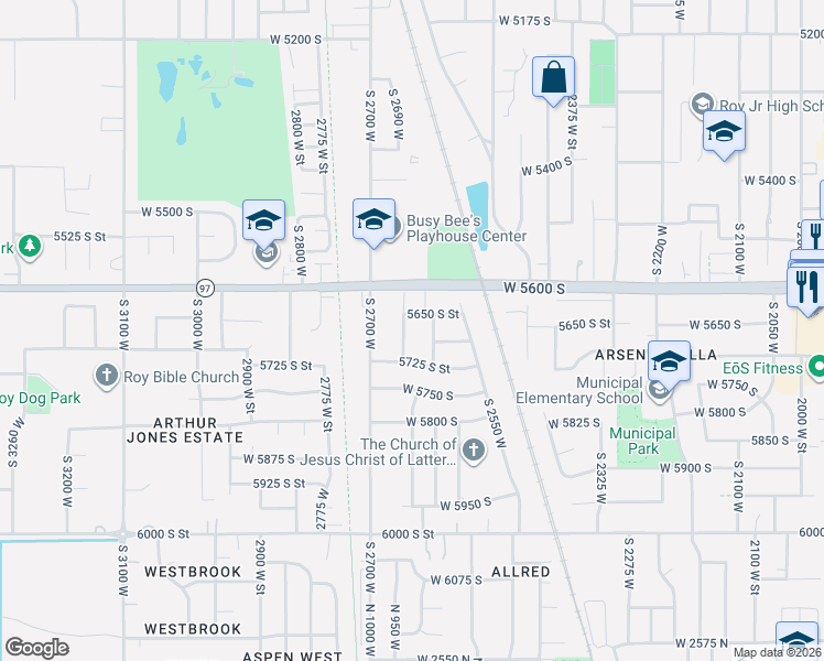 map of restaurants, bars, coffee shops, grocery stores, and more near 5674 2650 West Street in Roy