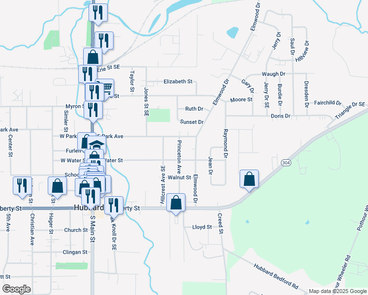 map of restaurants, bars, coffee shops, grocery stores, and more near 320 Elmwood Drive in Hubbard