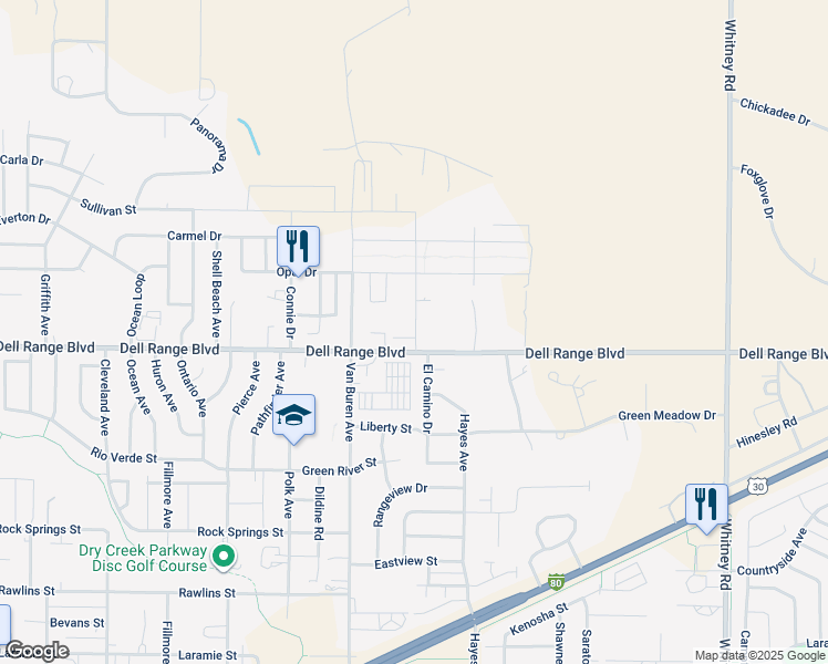map of restaurants, bars, coffee shops, grocery stores, and more near 5302 Dell Range Blvd in Cheyenne