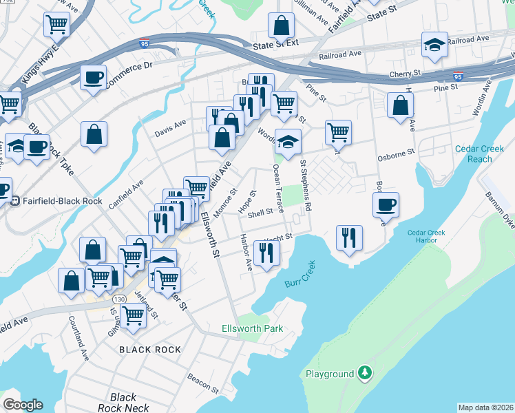 map of restaurants, bars, coffee shops, grocery stores, and more near 155 Shell Street in Bridgeport