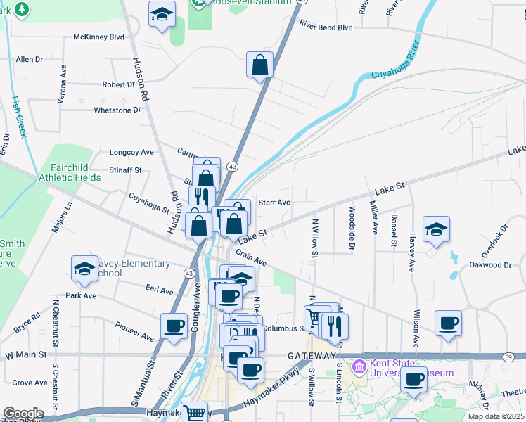 map of restaurants, bars, coffee shops, grocery stores, and more near 227 Lake Street in Kent