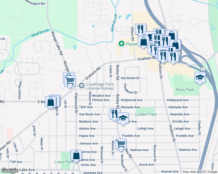 map of restaurants, bars, coffee shops, grocery stores, and more near 3319 Caleb Street in Cuyahoga Falls