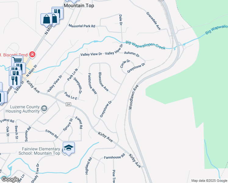 map of restaurants, bars, coffee shops, grocery stores, and more near 201 Bluestone Avenue in Mountain Top