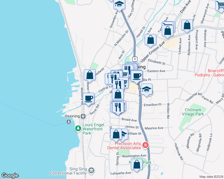 map of restaurants, bars, coffee shops, grocery stores, and more near 97 Main Street in Ossining
