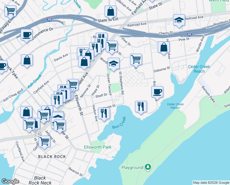 map of restaurants, bars, coffee shops, grocery stores, and more near 55 Shell Street in Bridgeport