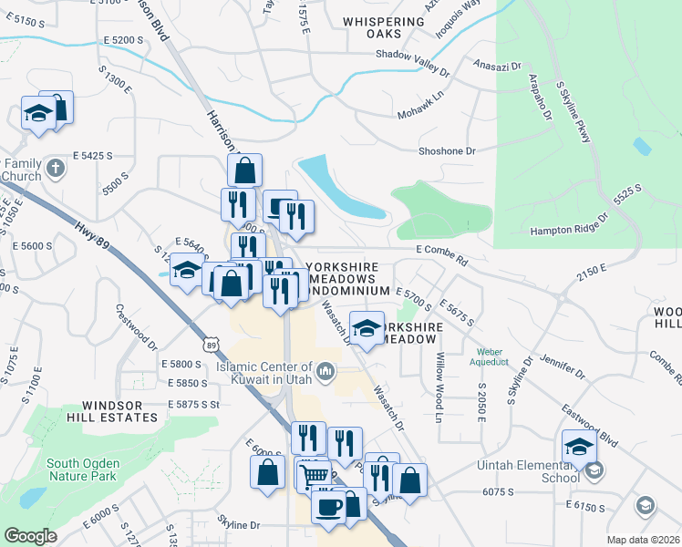 map of restaurants, bars, coffee shops, grocery stores, and more near 1800 East 5650 South in South Ogden