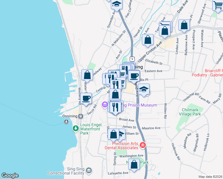 map of restaurants, bars, coffee shops, grocery stores, and more near 105 Main Street in Ossining
