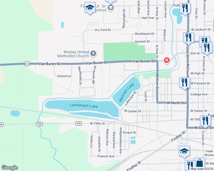 map of restaurants, bars, coffee shops, grocery stores, and more near 411 Burnham Dr in Fostoria