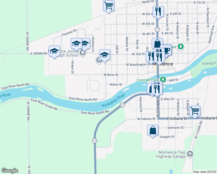 map of restaurants, bars, coffee shops, grocery stores, and more near 12 North Franklin Street in Momence