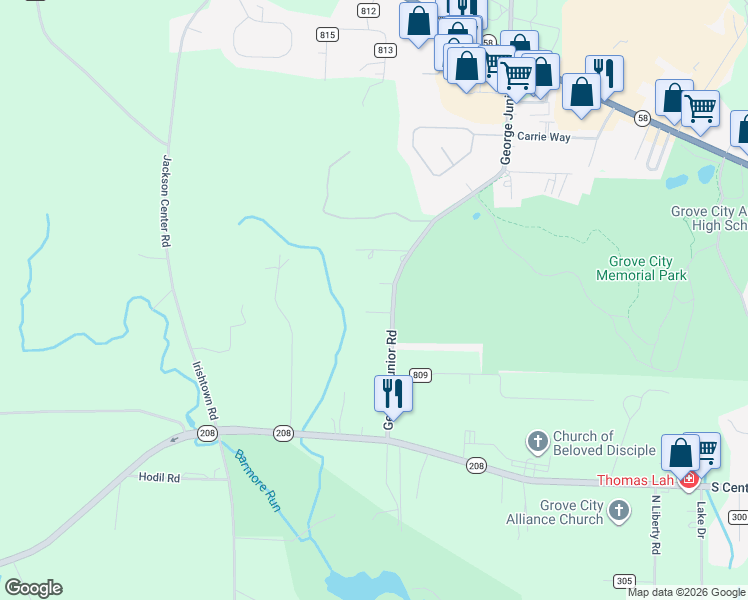 map of restaurants, bars, coffee shops, grocery stores, and more near 59 George Junior Road in Grove City