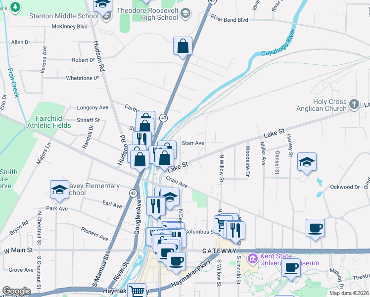 map of restaurants, bars, coffee shops, grocery stores, and more near 227 Lake Street in Kent