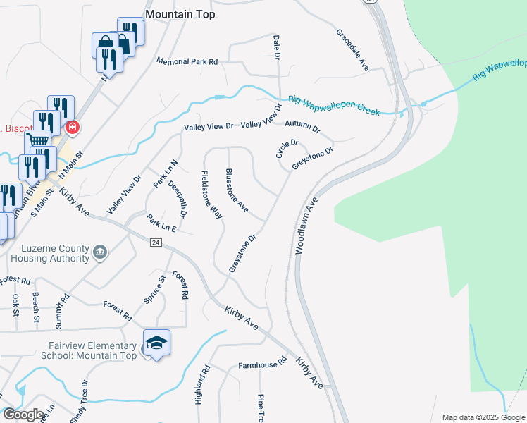 map of restaurants, bars, coffee shops, grocery stores, and more near 201 Bluestone Avenue in Mountain Top