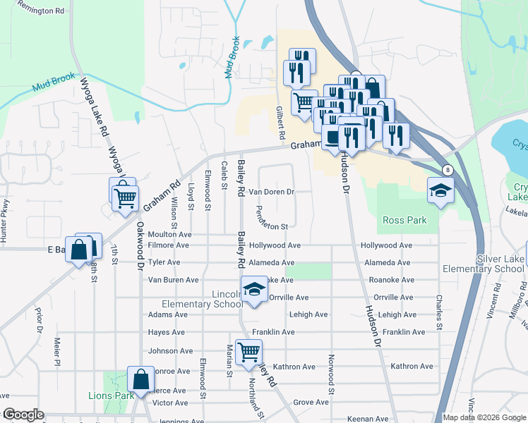 map of restaurants, bars, coffee shops, grocery stores, and more near 3381 Pendleton Street in Cuyahoga Falls