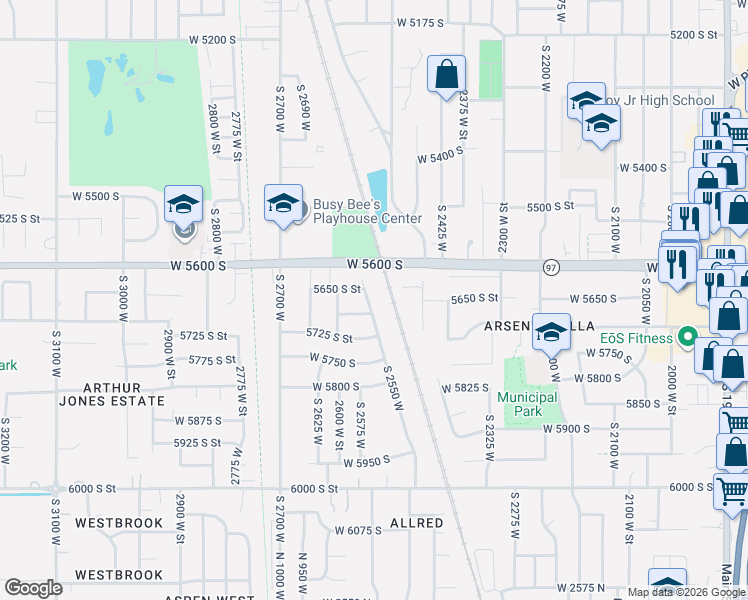 map of restaurants, bars, coffee shops, grocery stores, and more near 5704 South 2550 West in Roy