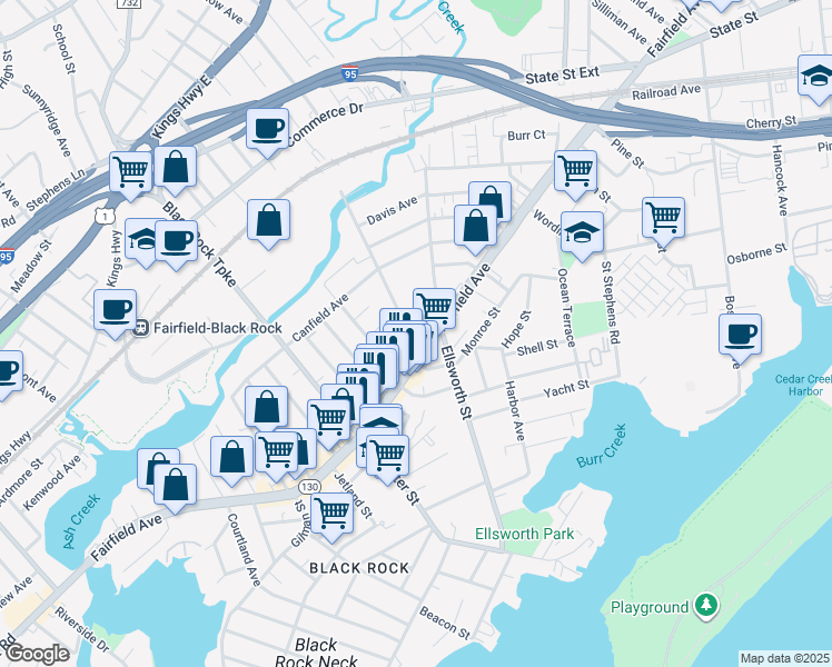 map of restaurants, bars, coffee shops, grocery stores, and more near 2615 Fairfield Avenue in Bridgeport