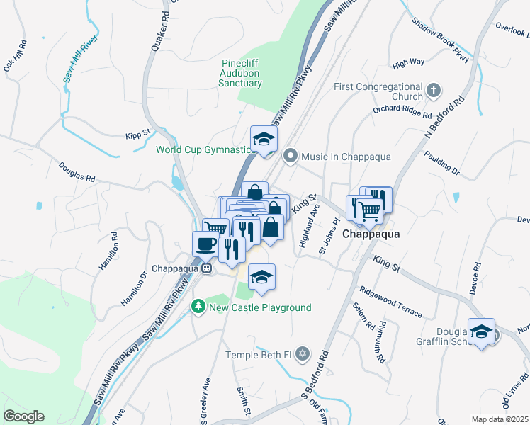 map of restaurants, bars, coffee shops, grocery stores, and more near 115 King Street in Chappaqua