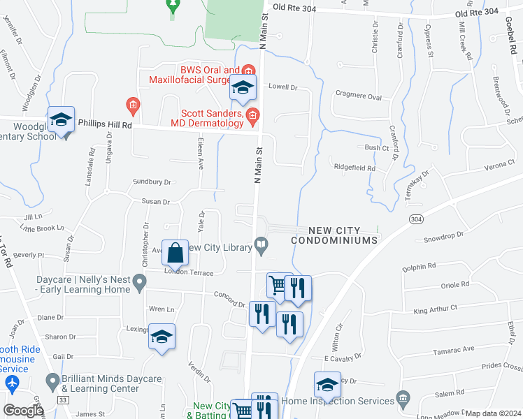 map of restaurants, bars, coffee shops, grocery stores, and more near 1 Heritage Drive in New City
