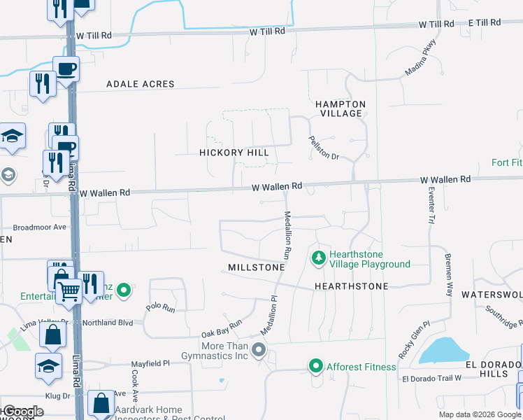 map of restaurants, bars, coffee shops, grocery stores, and more near 822-828 Woodland Springs Place in Fort Wayne