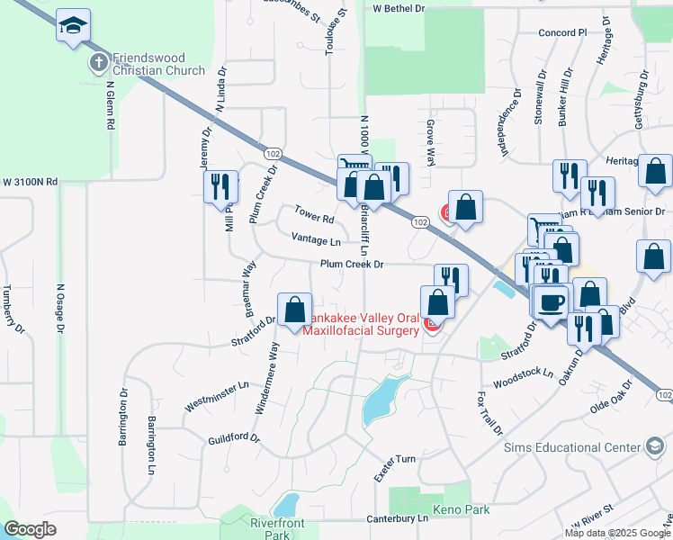 map of restaurants, bars, coffee shops, grocery stores, and more near 460 Plum Creek Court in Bourbonnais