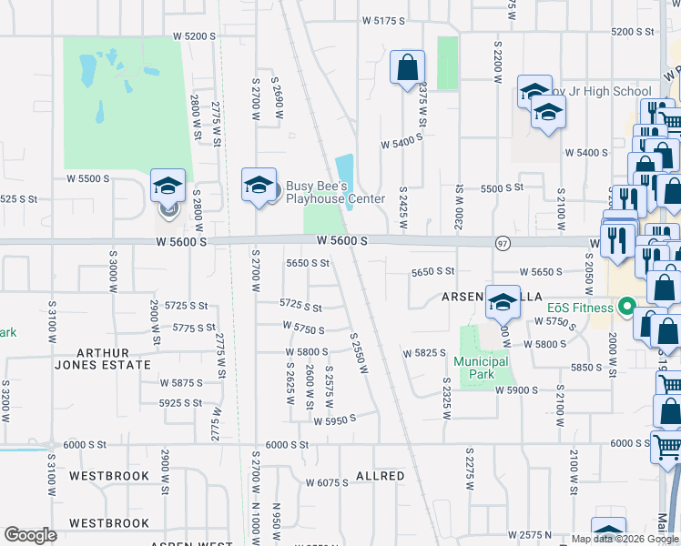 map of restaurants, bars, coffee shops, grocery stores, and more near 5704 South 2550 West in Roy