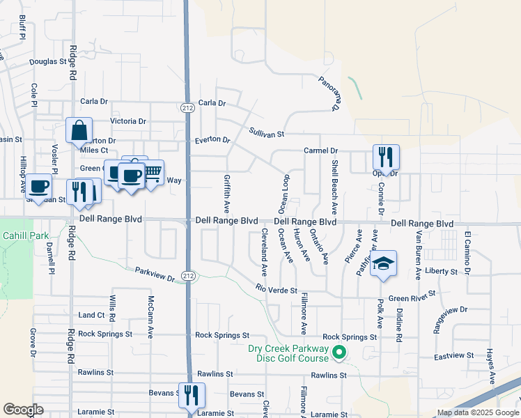 map of restaurants, bars, coffee shops, grocery stores, and more near 4310 Dell Range Boulevard in Cheyenne