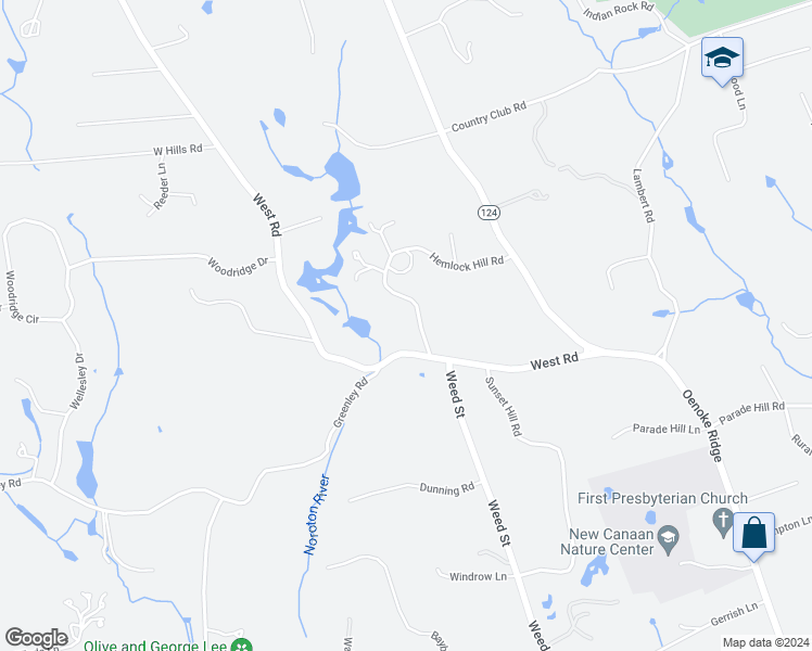 map of restaurants, bars, coffee shops, grocery stores, and more near 183 Hemlock Hill Road in New Canaan
