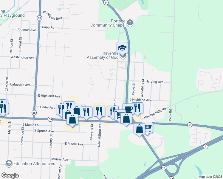 map of restaurants, bars, coffee shops, grocery stores, and more near 322 Greenbriar Drive in Ravenna