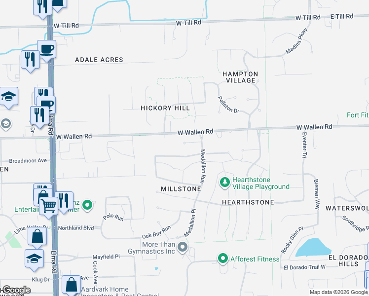 map of restaurants, bars, coffee shops, grocery stores, and more near 822-828 Woodland Springs Place in Fort Wayne