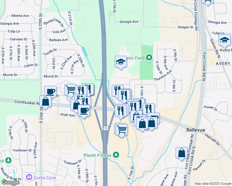 map of restaurants, bars, coffee shops, grocery stores, and more near 1518 Sunshine Boulevard in Bellevue